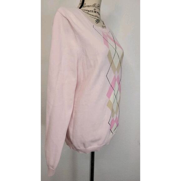 Izod Pink Old School 100% Cotton Argyle Sweater Large Vintage Women’s Clueless - Picture 3 of 8